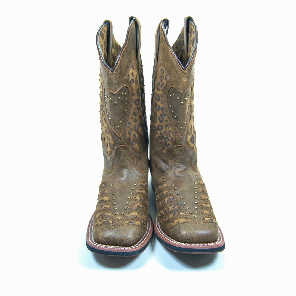 Laredo Women’s EMMYLOU Leather Western Boots – Leopard & Hearts – Sz 6.5